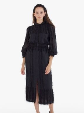 MIRTH Handmade Edition Black Fringe Trim Long Sleeve Boho Blouse Top, Size L